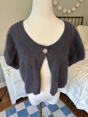 Express Gray Angora Cropped Sweater Fancy Soft Rhinestone Button Women Medium